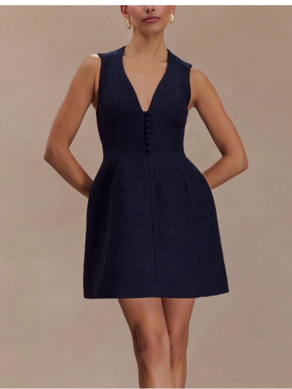 Meshki Sleeveless Navy V-Neck Textured Mini Dress